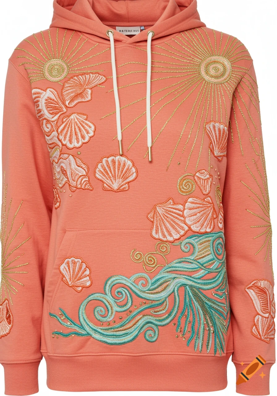 Close-up of a coral-colored hoodie with white seashell, gold sunbeam, and teal wave embroidery.