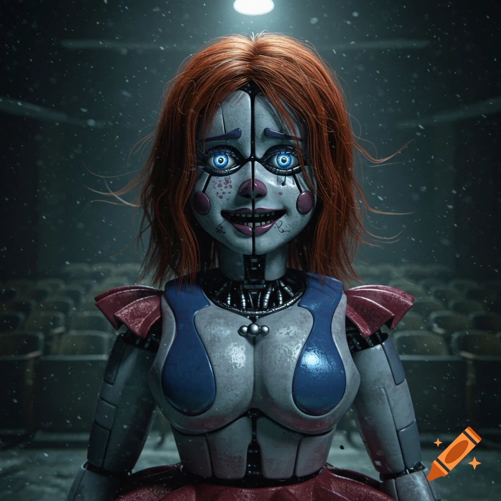 A detailed robotic animatronic with red hair, glowing blue eyes, and a segmented face, standing in a dark, dusty theater.