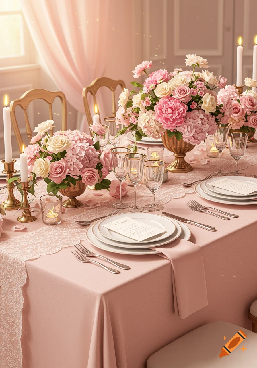 Elegant wedding table with pink tablecloth, large arrangements of pink and white flowers, candles, and place settings.