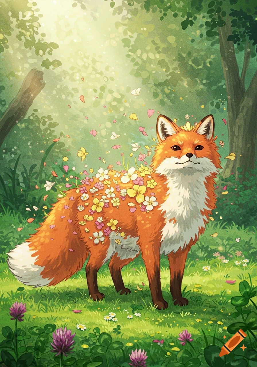 A vibrant Ghibli-style illustration of an orange fox covered in small pink and yellow flowers, standing in a sunlit forest.