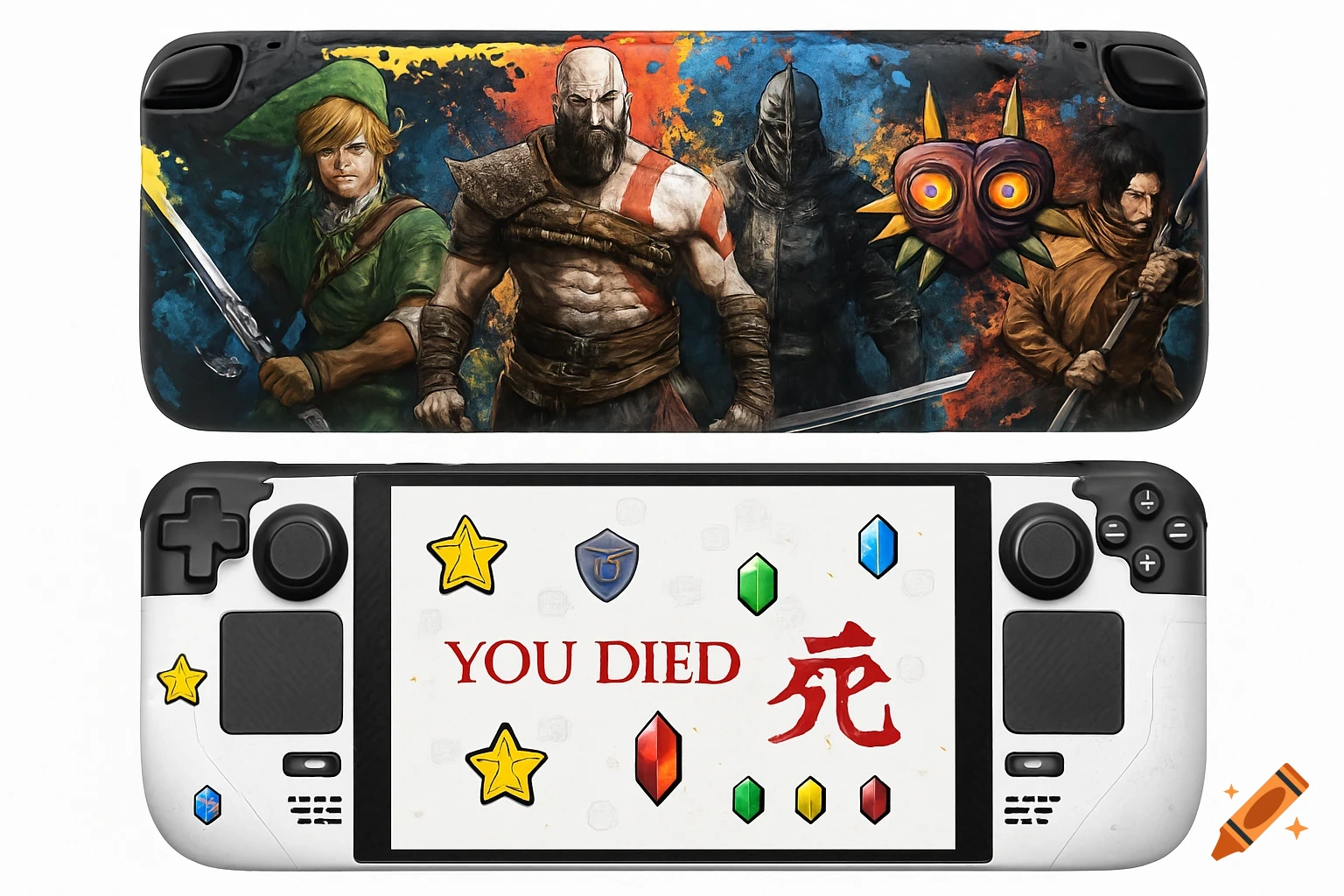 A custom Steam Deck with a skin featuring characters like Link and Kratos on the back, and gaming icons and 'YOU DIED' text on the front.