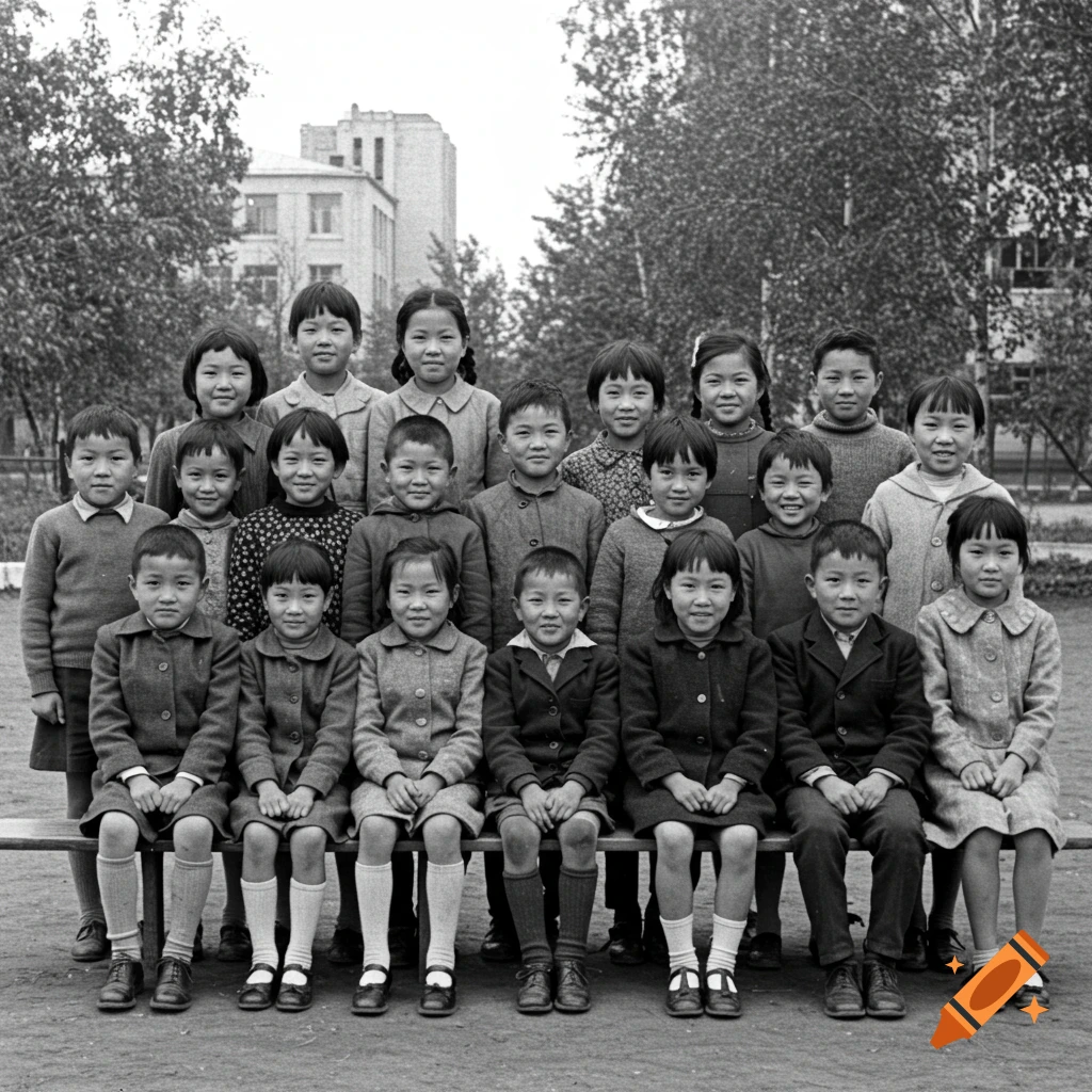 Black and white photo of a group of children posing outdoors for a class photo, with trees and a building in the background.