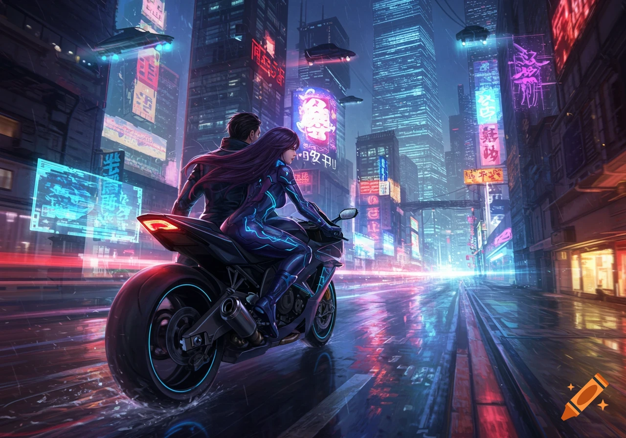 Digital art of a woman with purple hair driving a motorcycle with a man in a neon-lit cyberpunk city at night.