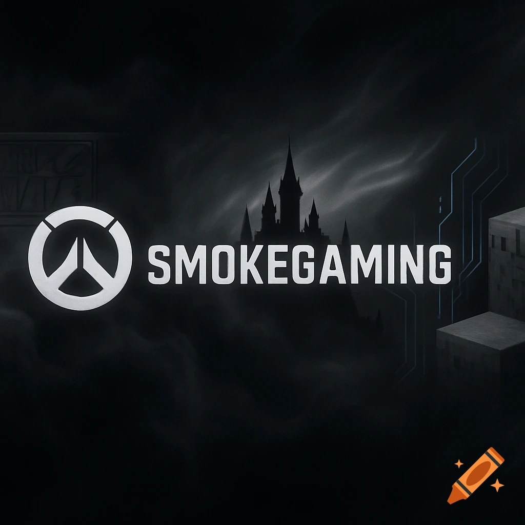 A minimalist gaming banner with the Overwatch logo, 'SMOKEGAMING' text, a castle silhouette, and subtle tech lines on a dark background.