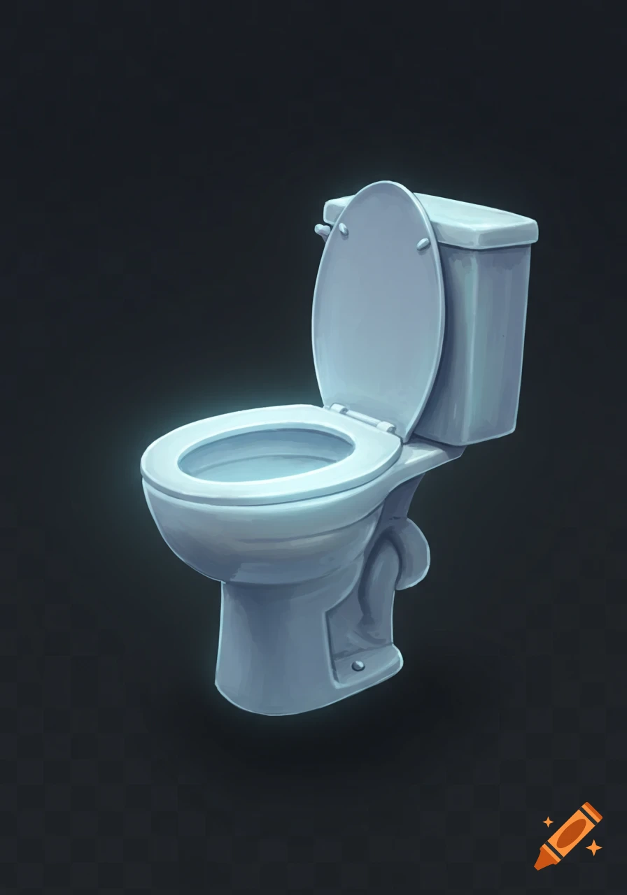 A glowing, light blue toilet with its lid up, floating against a dark background, in an ethereal, illustrative style.