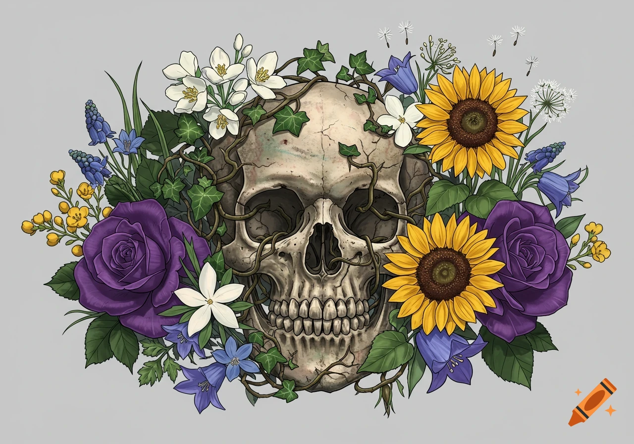 Detailed illustration of a human skull entwined with ivy, surrounded by purple roses, sunflowers, jasmine, and bluebell flowers.