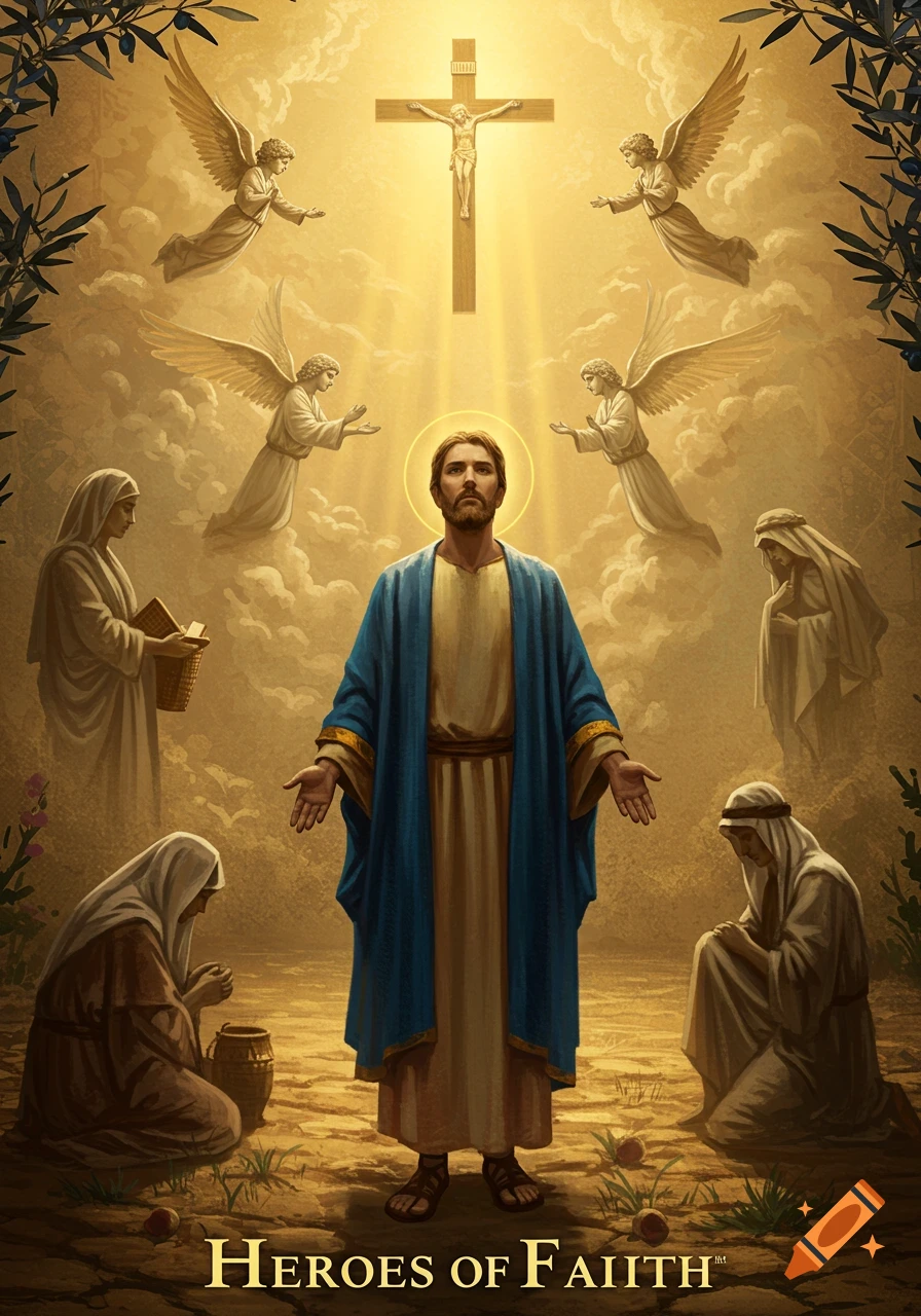 A stylized painting depicting Jesus with outstretched arms, surrounded by angels, the crucifixion, and other biblical figures, with "HEROES OF FAIITH" text at the bottom.