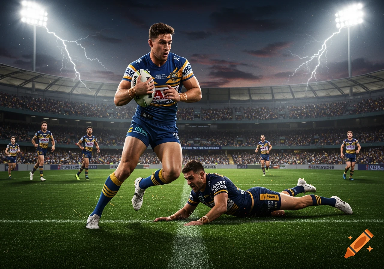 A male rugby player in a blue and yellow uniform runs with a ball down a grassy field in a stadium at night, with lightning in the stormy sky. Another player is on the ground in front of him.