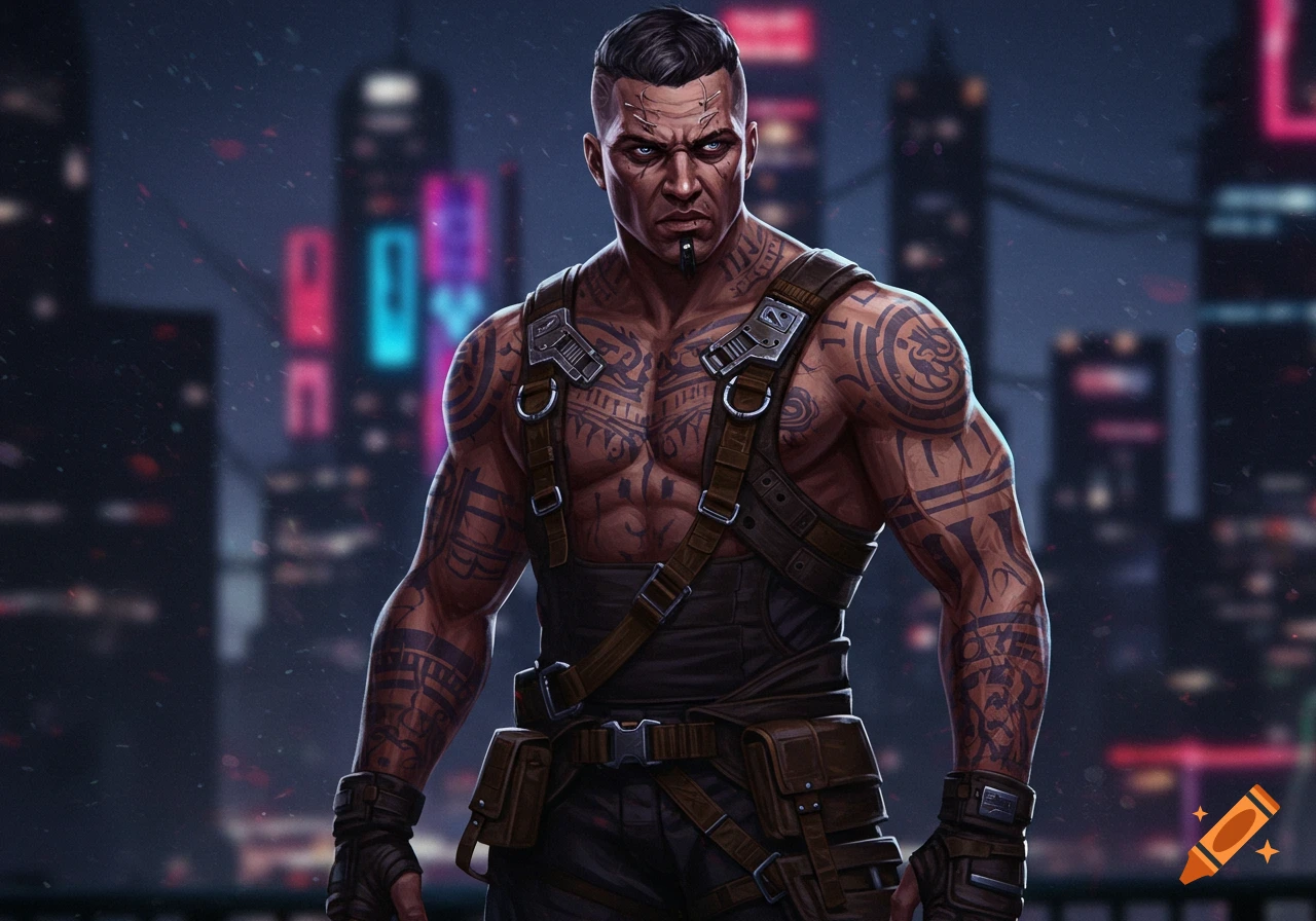 A heavily muscled man with extensive tattoos and a dark tactical harness stands against a blurred cyberpunk cityscape.