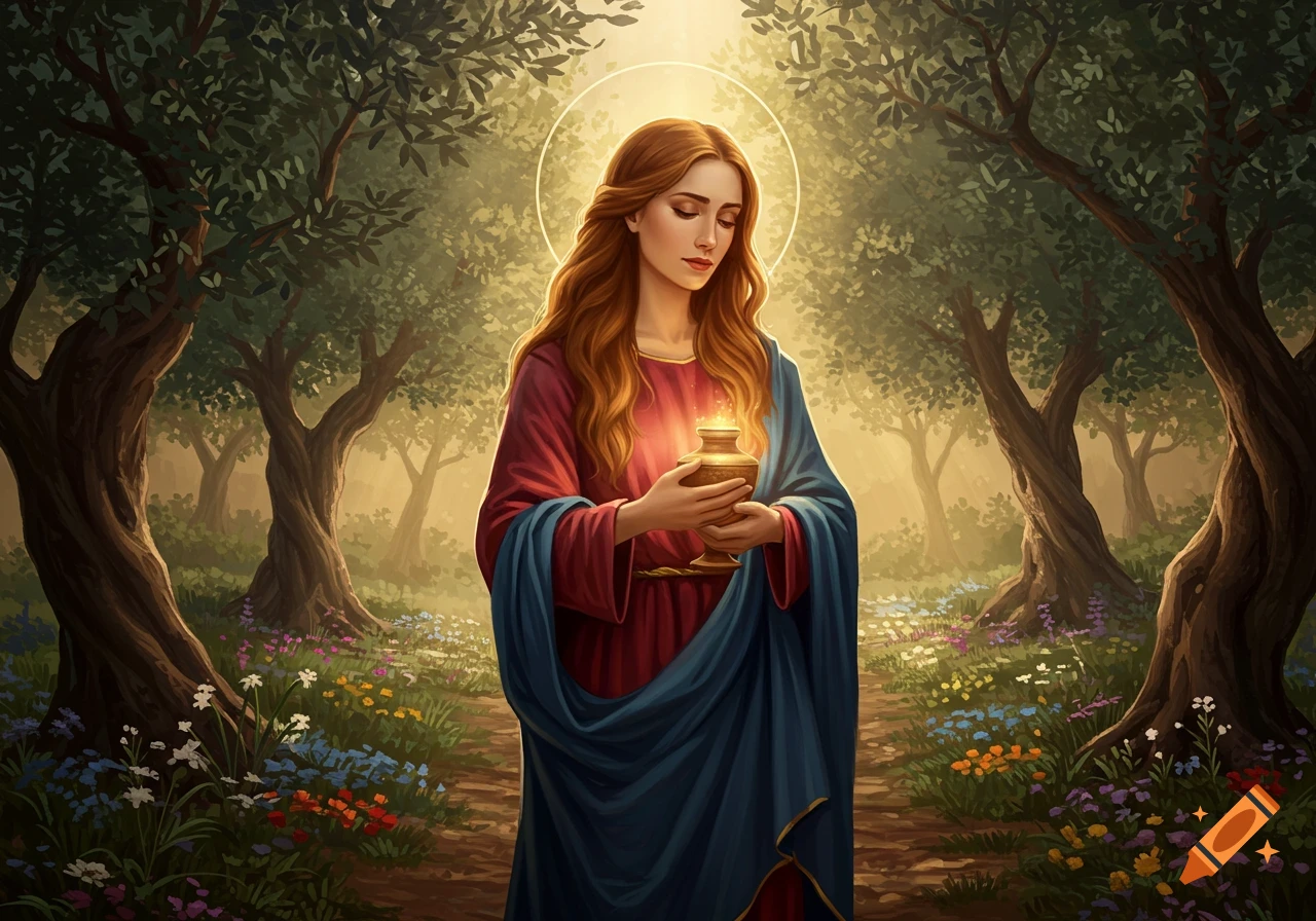 A long-haired woman with a halo, in red and blue robes, holds a glowing urn in a sunlit forest with wildflowers.