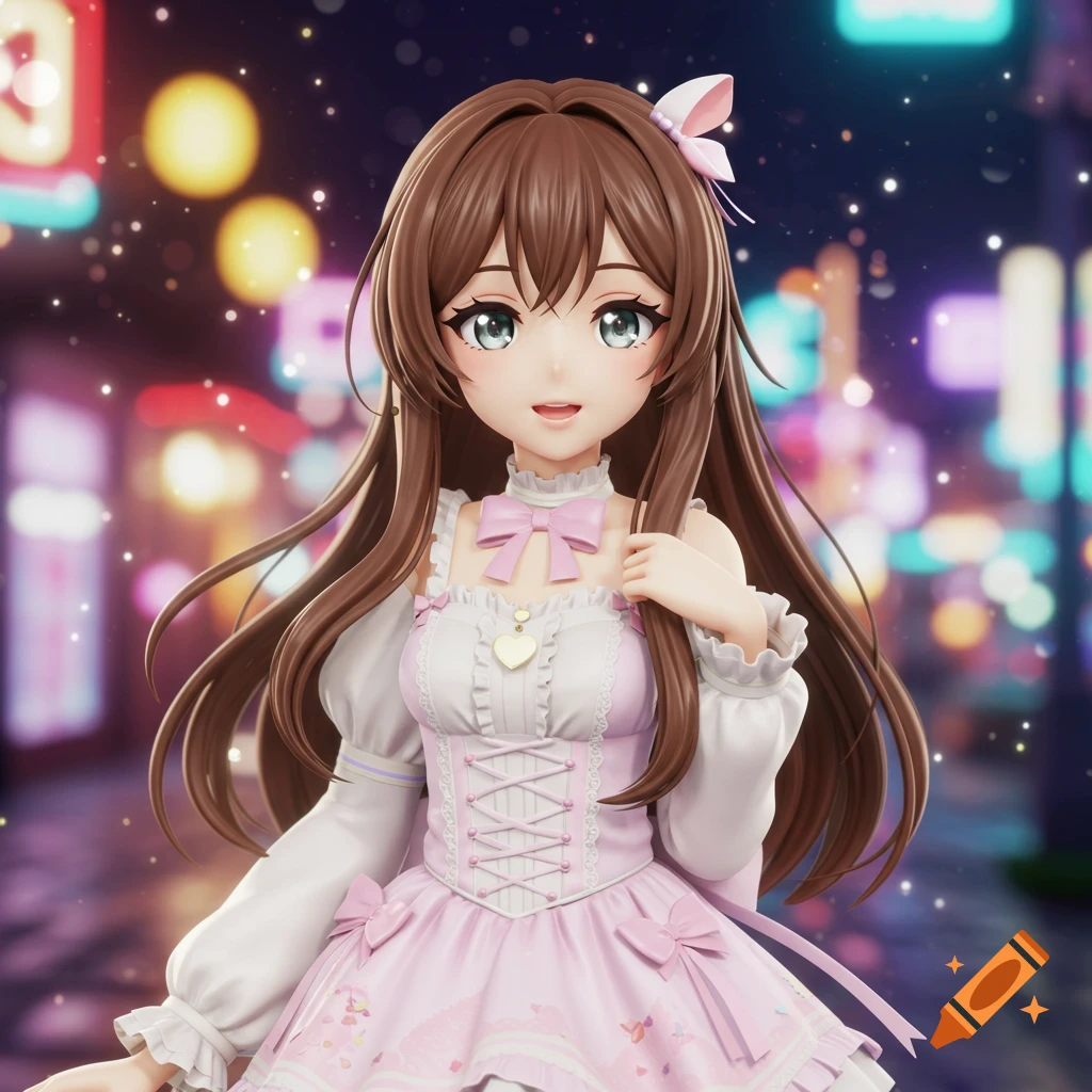 A 3D anime girl with long brown hair and green eyes wearing a pink and white frilly dress against a blurred city background.