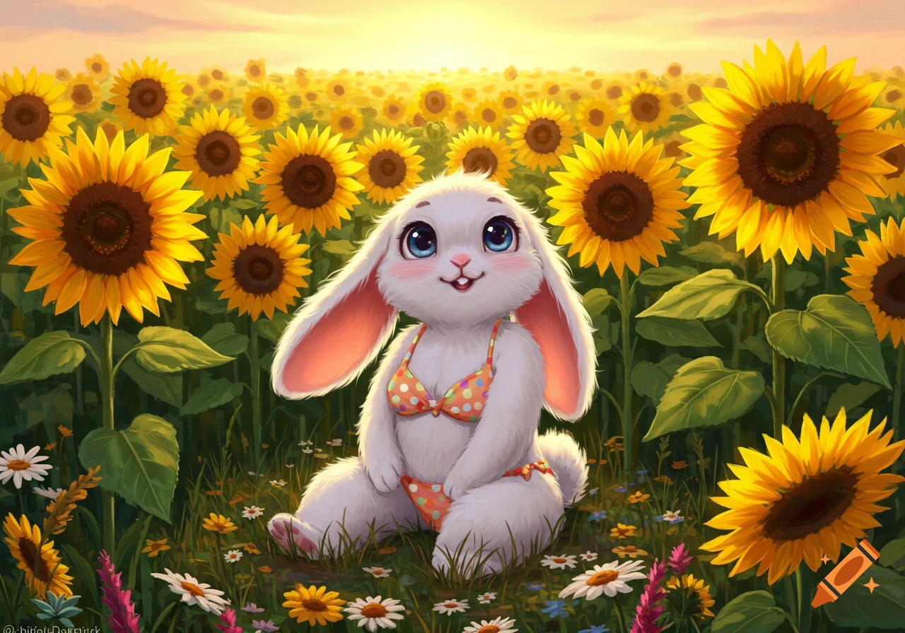 A cute white cartoon bunny wearing an orange polka-dot bikini sits smiling in a vibrant field of tall yellow sunflowers under a sunny sky.