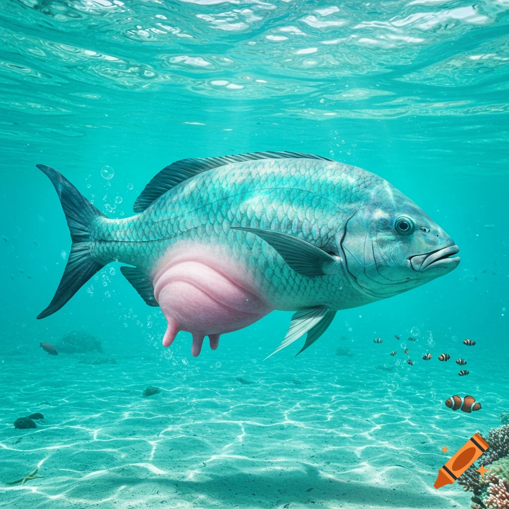 A large photorealistic fish with a pink cow's udder swims in clear blue underwater with other fish and coral.