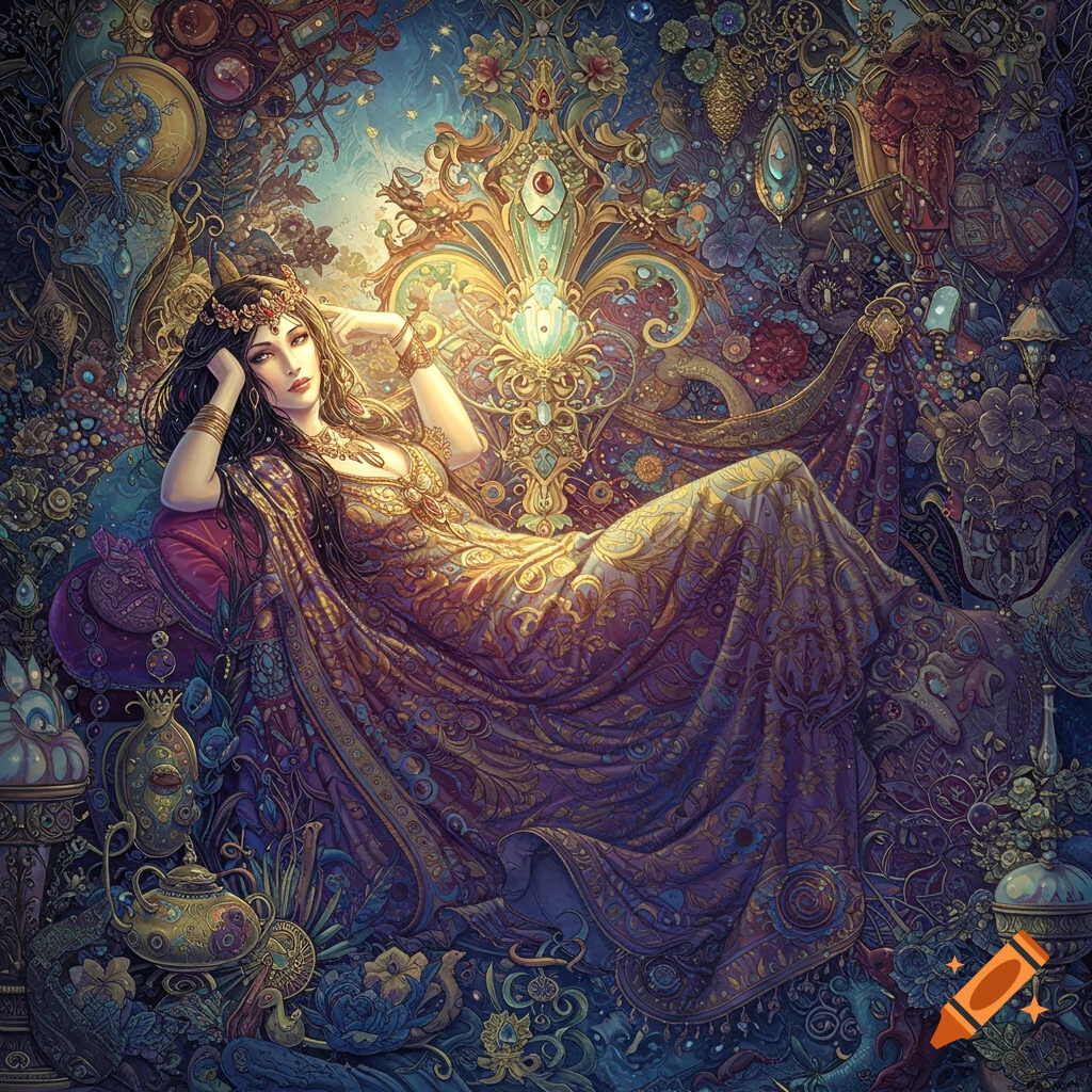 A woman reclines on a lavish chaise lounge, surrounded by intricate, vibrant patterns in a style reminiscent of Raqib Shaw.