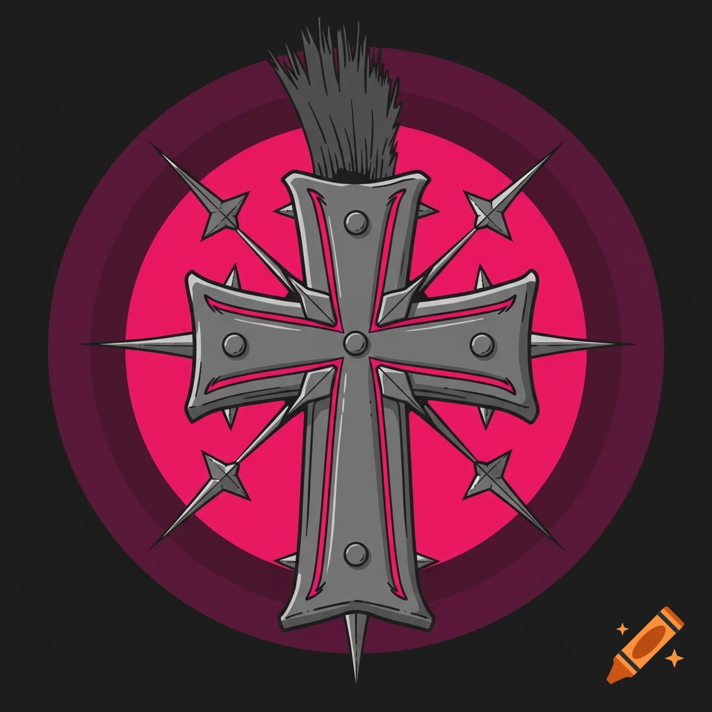 A stylized grey cross with pink outlines, spikes, and a black mohawk, set against a vibrant pink circle.