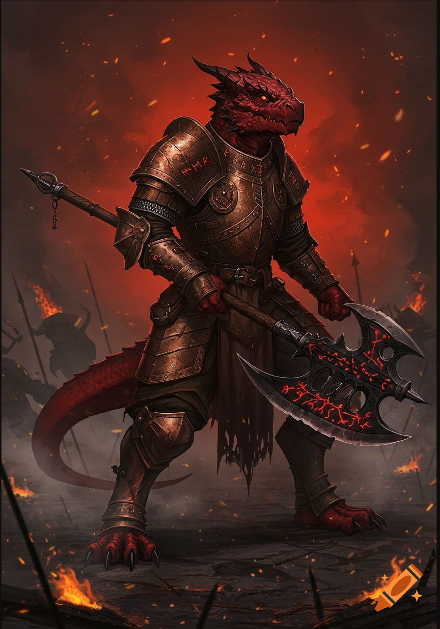 A red-skinned, horned reptilian warrior in ornate bronze armor holds a large, double-bladed axe with glowing red runes, standing amidst flames and spears on a battlefield.