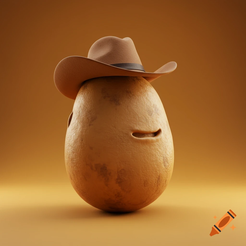 A brown potato wearing a cowboy hat, with an upside-down smile, against a warm brown background.
