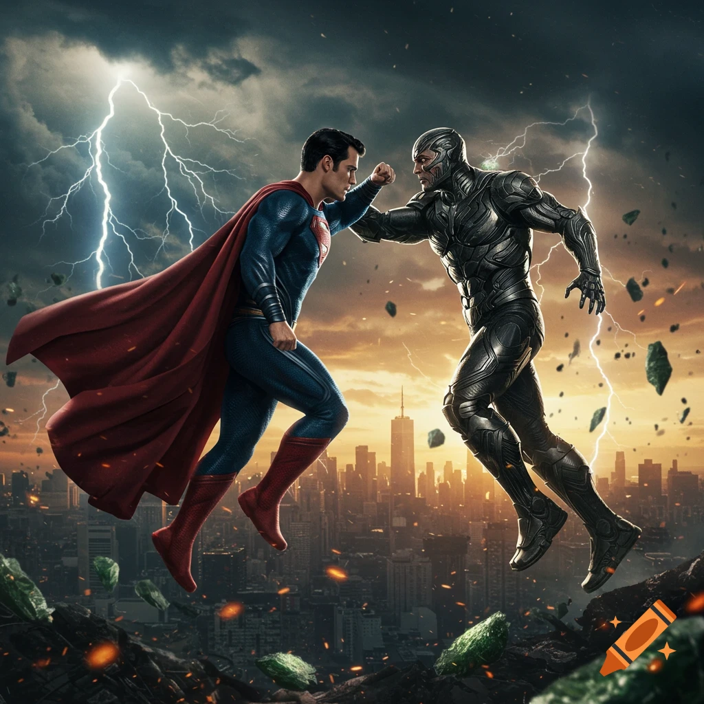 A photorealistic image of Superman punching General Zod during a lightning storm over a destructed city.