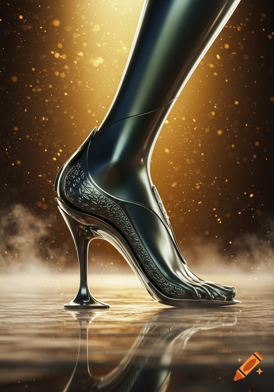 A sleek, metallic, futuristic high-heeled shoe on a stylized leg with intricate patterns against a shimmering golden background.