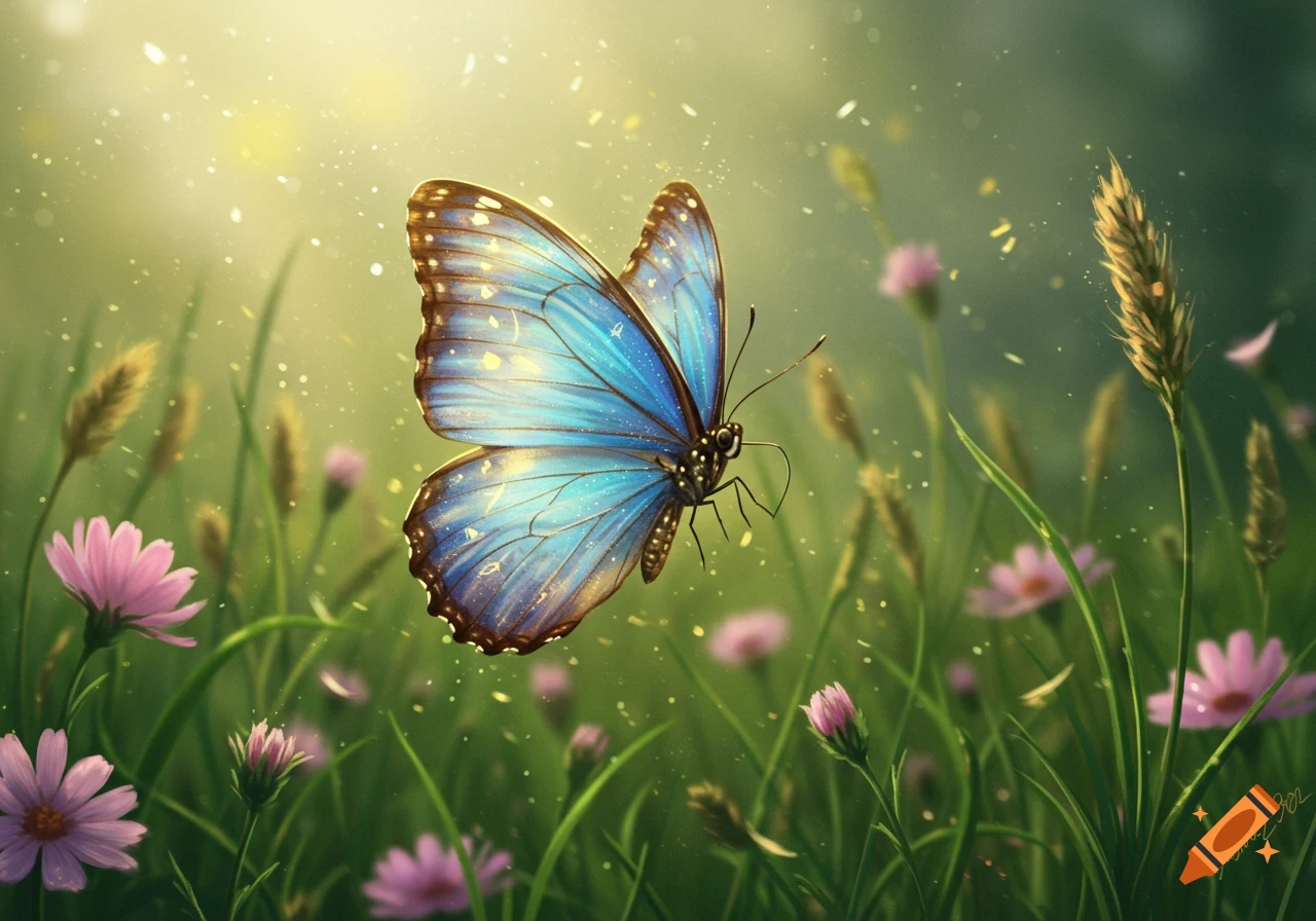 A vibrant blue butterfly with glowing wings hovers in a sunlit meadow among pink flowers and tall green grass, in an illustrative style.