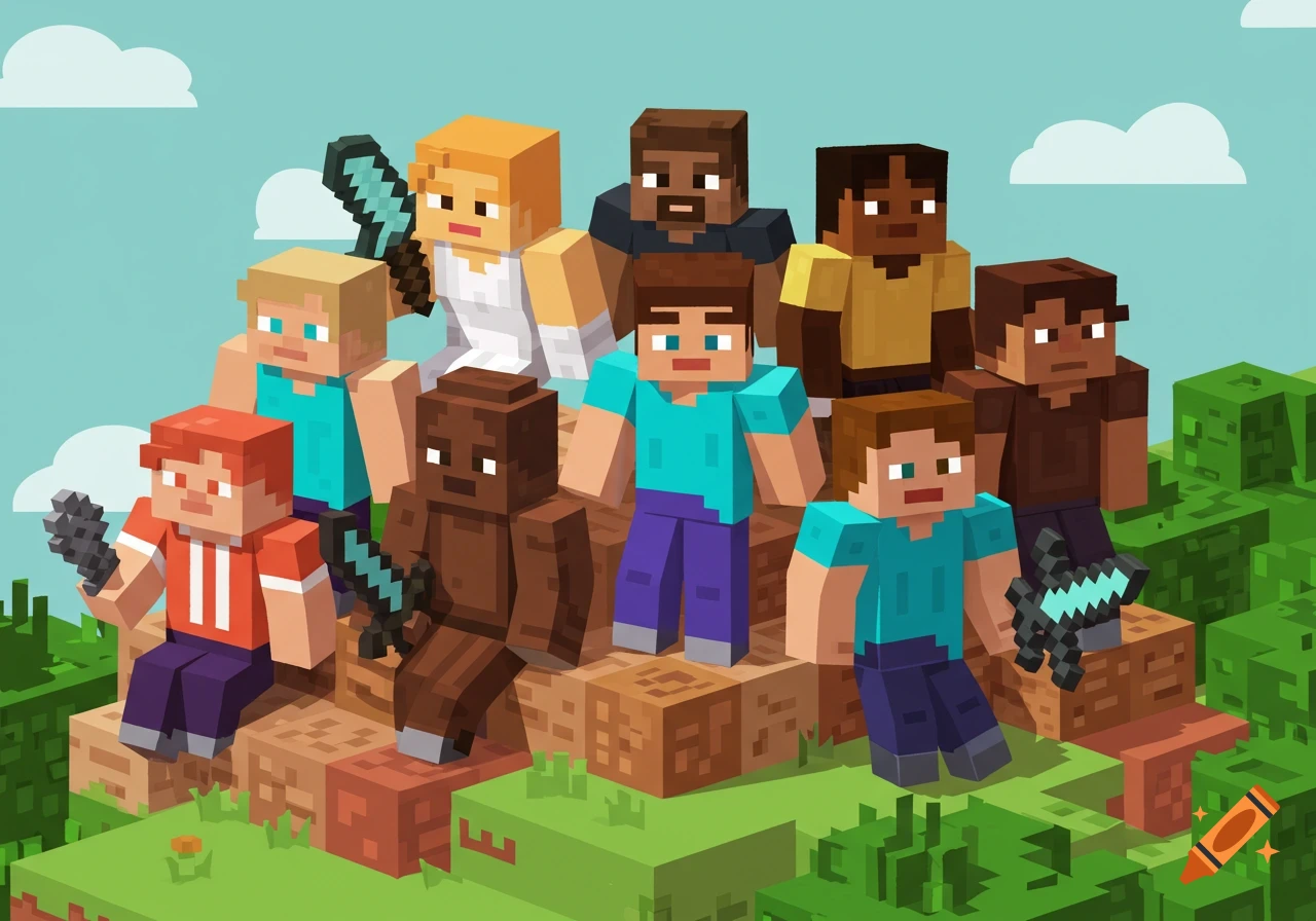 A group of diverse Minecraft characters, some holding pickaxes and swords, stand and sit on blocky terrain under a blue sky.