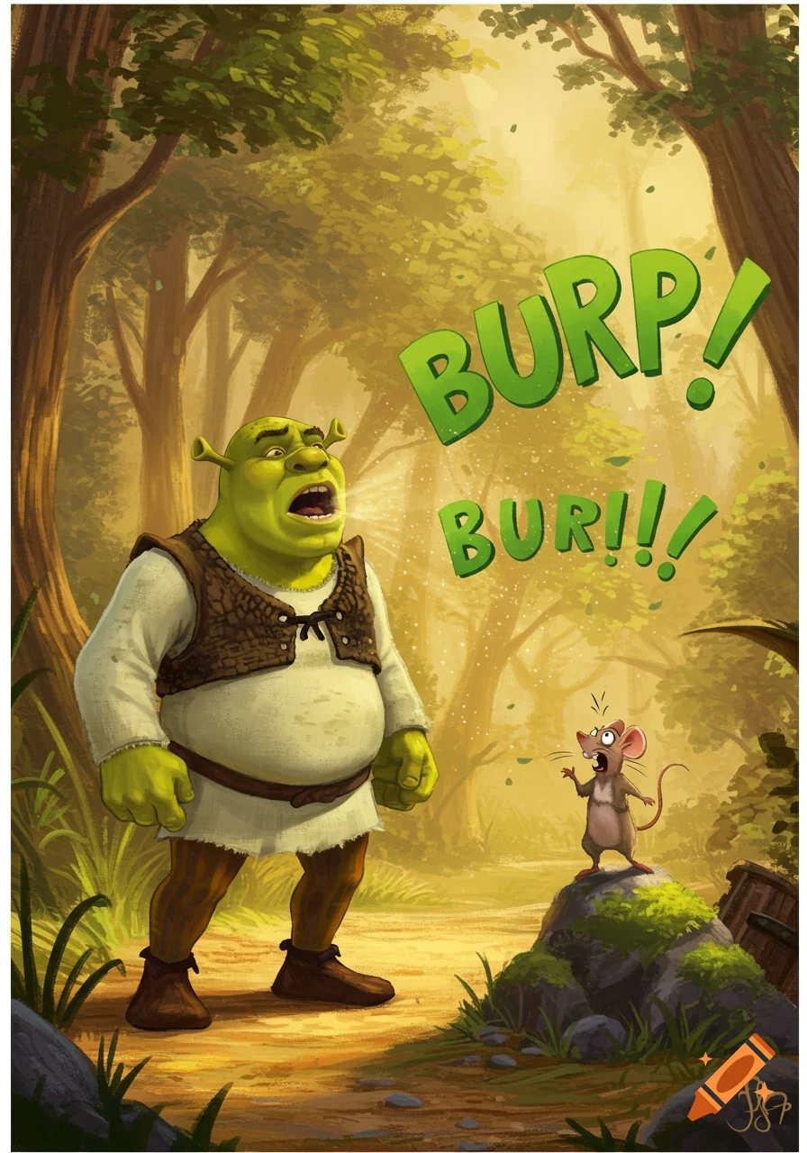 A cartoon illustration of Shrek burping loudly, startling a small mouse on a mossy rock in a sunlit forest.