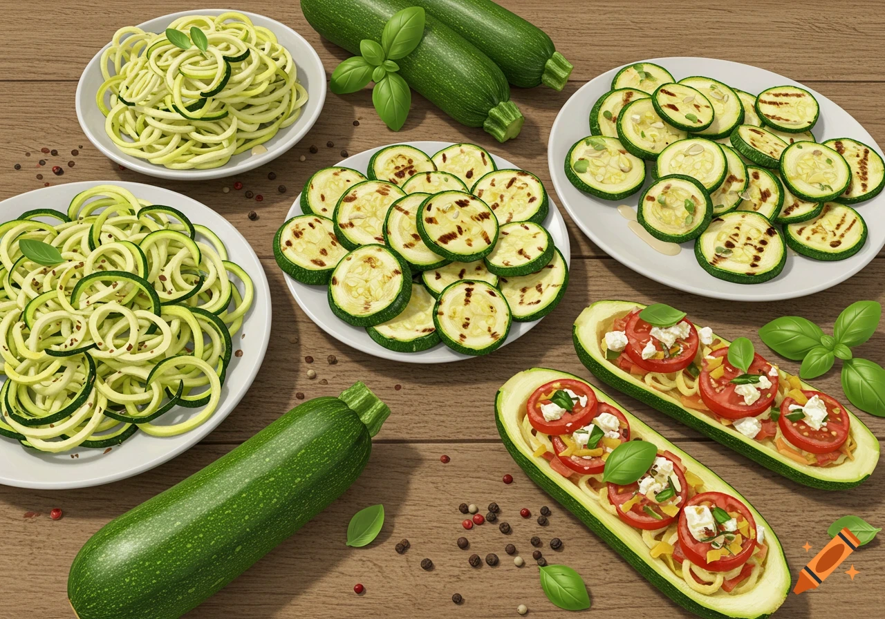 A photorealistic, high-resolution image of various vibrant zucchini dishes including grilled slices, zoodles, and stuffed boats, arranged on a rustic wooden table with herbs.