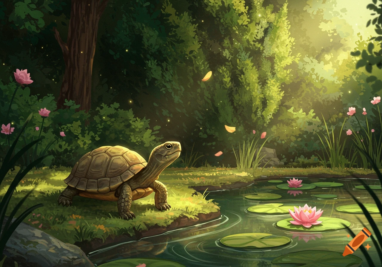 A content turtle on a grassy bank by a pond with lily pads, surrounded by lush green trees and soft sunlight.