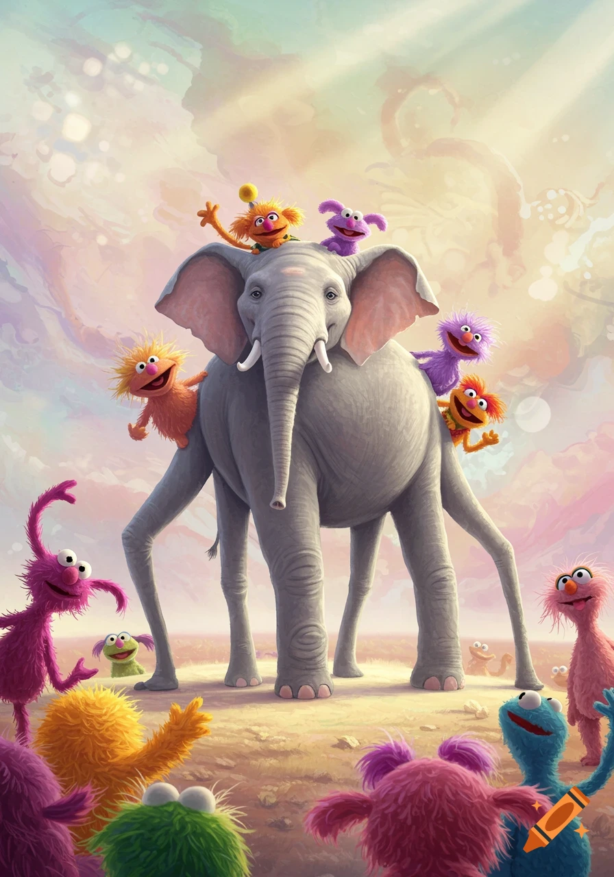 A whimsical illustration of an elephant with many legs surrounded by numerous colorful, furry muppet-like characters under a pastel sky.