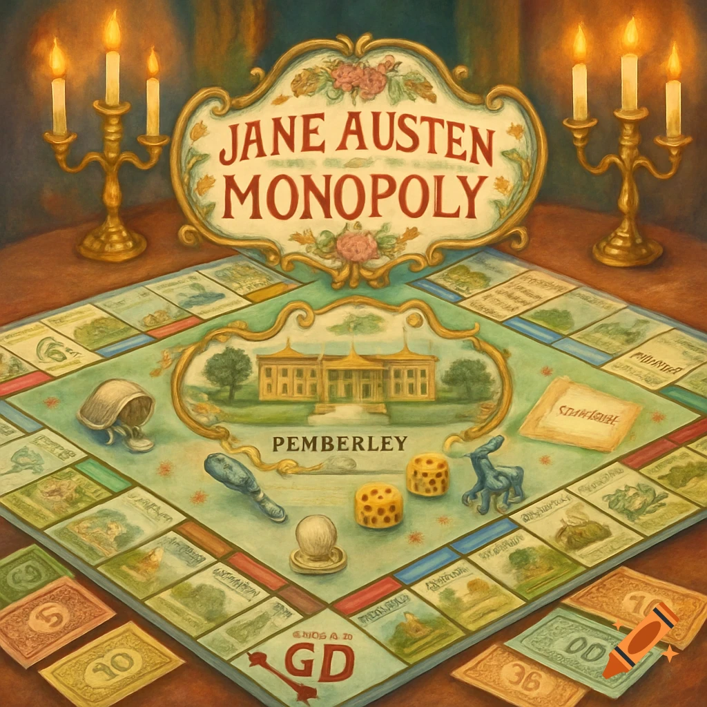A stylized painting of a Jane Austen themed Monopoly board game, with golden candle holders on either side. The board features a large ornate label at the top reading 'JANE AUSTEN MONOPOLY'.