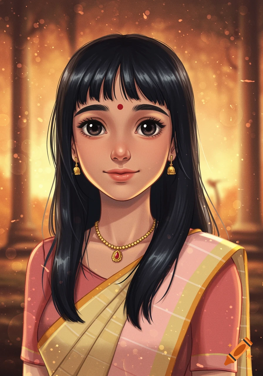 A young Tamil girl in Ghibli anime style, wearing a half saree and traditional jewelry, smiles against a warm, blurred background.