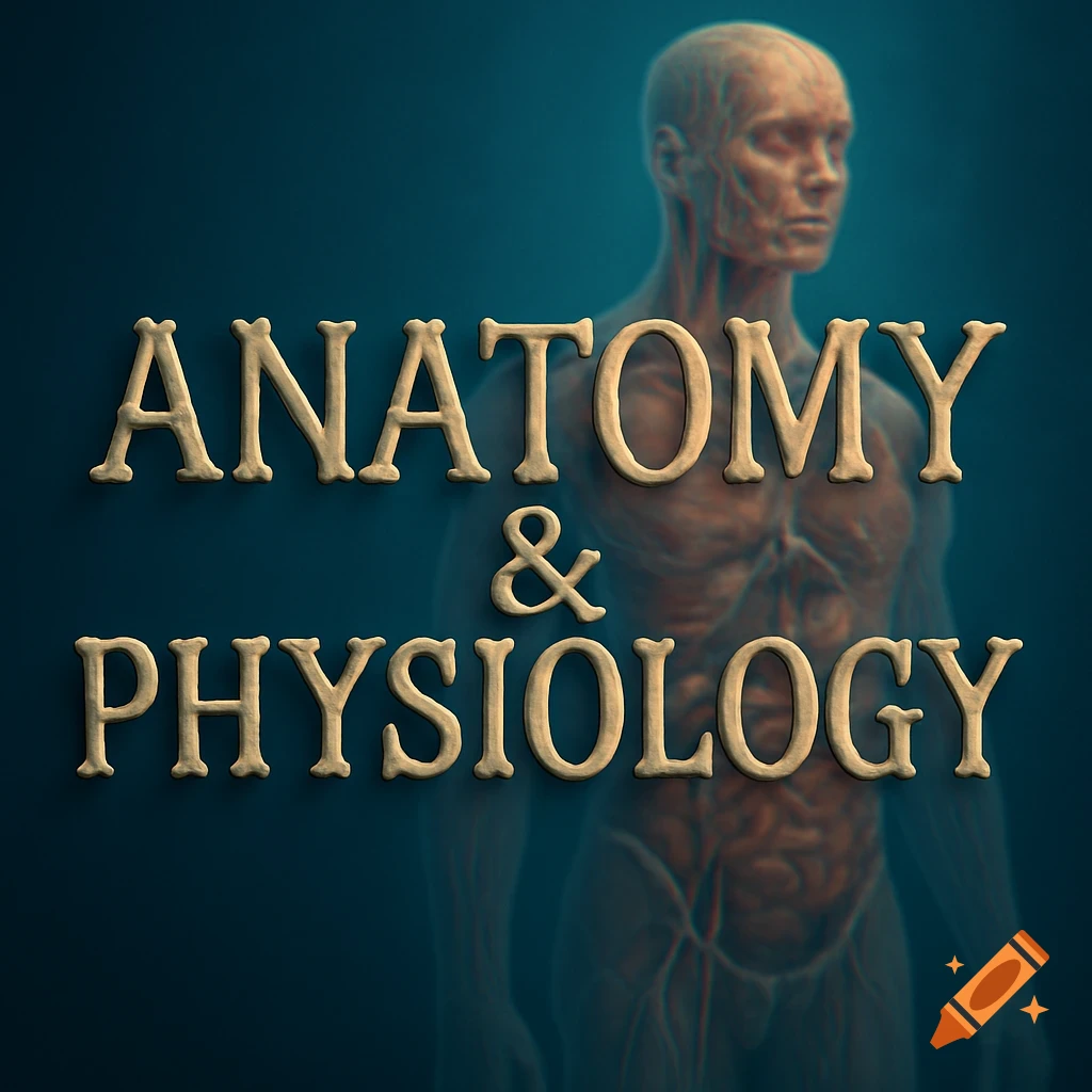 The words 'ANATOMY & PHYSIOLOGY' in bone-like 3D text against a blurry background of a human anatomical figure.