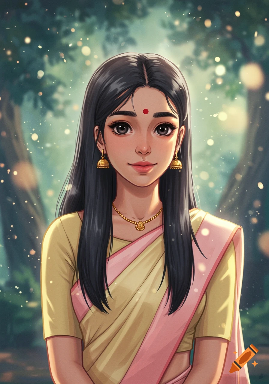 Anime-style portrait of a young woman with long black hair, wearing a beige and pink half saree, against a softly blurred, magical forest background.
