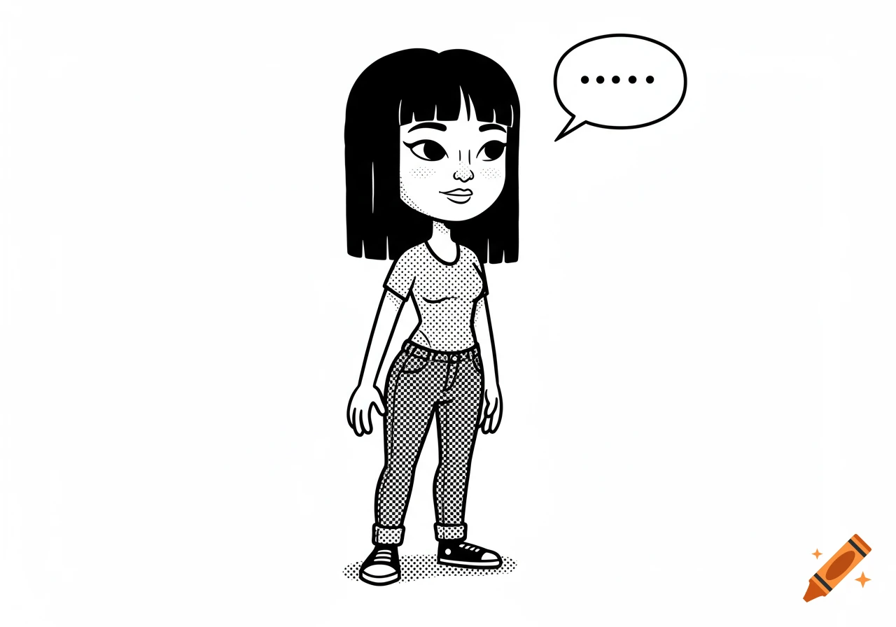 A black and white cartoon of a woman with short dark hair, wearing a t-shirt, jeans, and sneakers, with a thought bubble above her head.