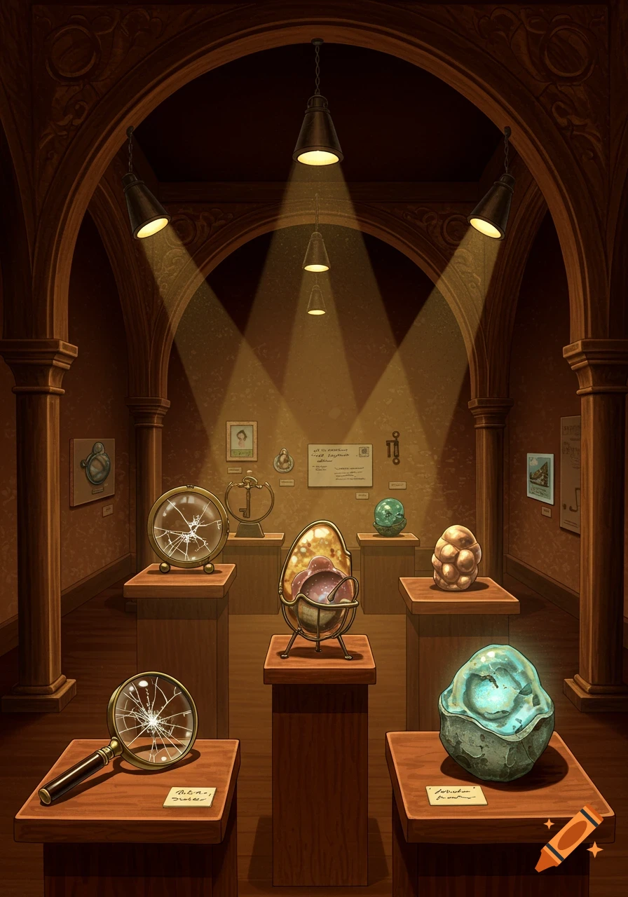 An illustration of a dimly lit museum hall with arched ceilings, displaying various peculiar objects on wooden pedestals, including a broken clock, a magnifying glass, and glowing artifacts.