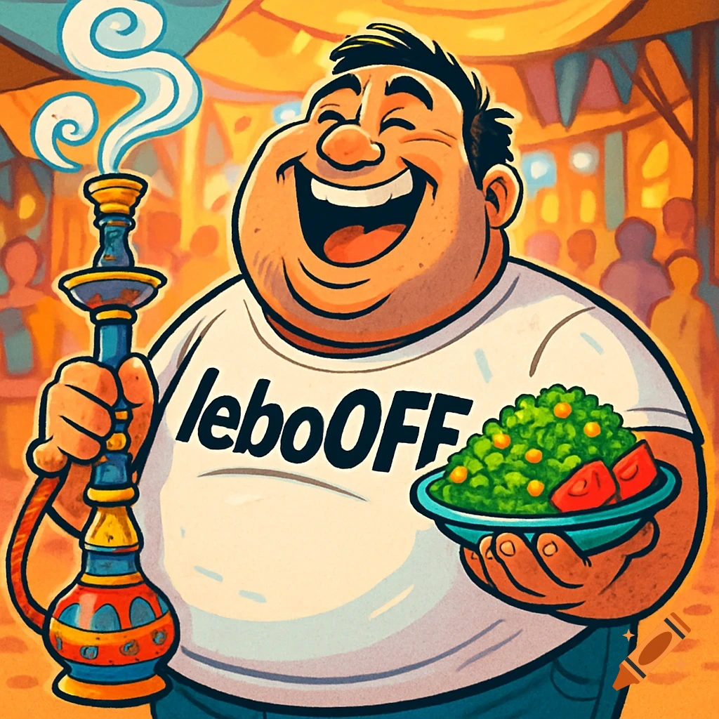 A laughing, fat cartoon character in a white 'leboOFF' t-shirt holds a hookah and a dish of tabouli at an outdoor market.