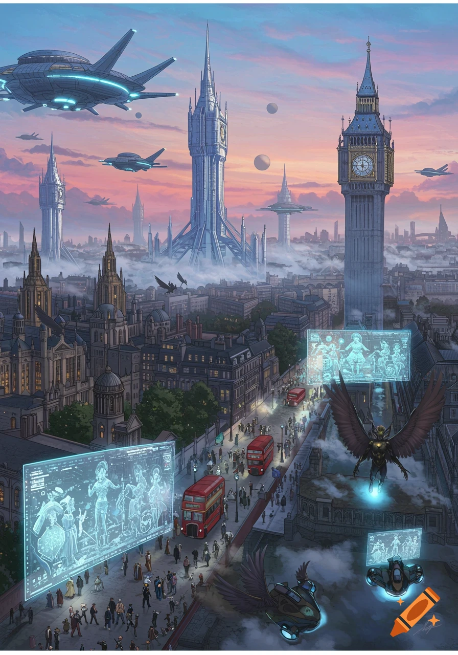 A futuristic London cityscape at sunset, with traditional buildings, new towering skyscrapers, flying vehicles, double-decker buses, and winged creatures.