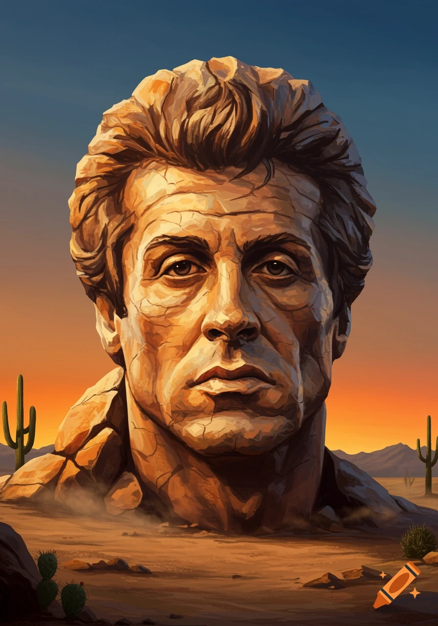 A large, cracked rock sculpture of Rocky Balboa's head rises from a desert landscape at sunset, with cacti.