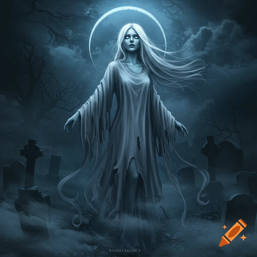 A ghostly woman with long white hair and a tattered dress stands in a foggy cemetery under a crescent moon.