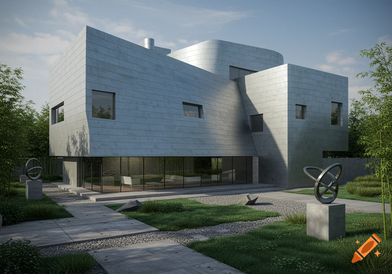 A modern house with a metallic facade and large windows, surrounded by green landscaping, concrete paths, and abstract sculptures.