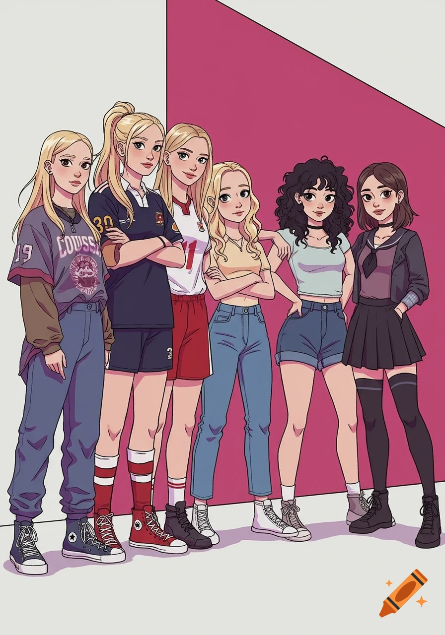 Six young women with diverse fashion styles standing together in an animated TV show style.