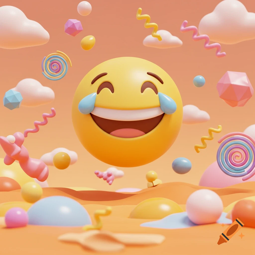 A 3D render of a laughing emoji with tears, surrounded by colorful abstract shapes and clouds on an orange ground.