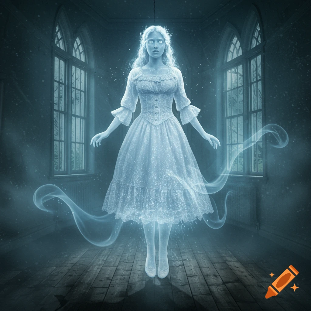 A translucent ghost woman in a white dress floats in a dark, empty room with tall windows.