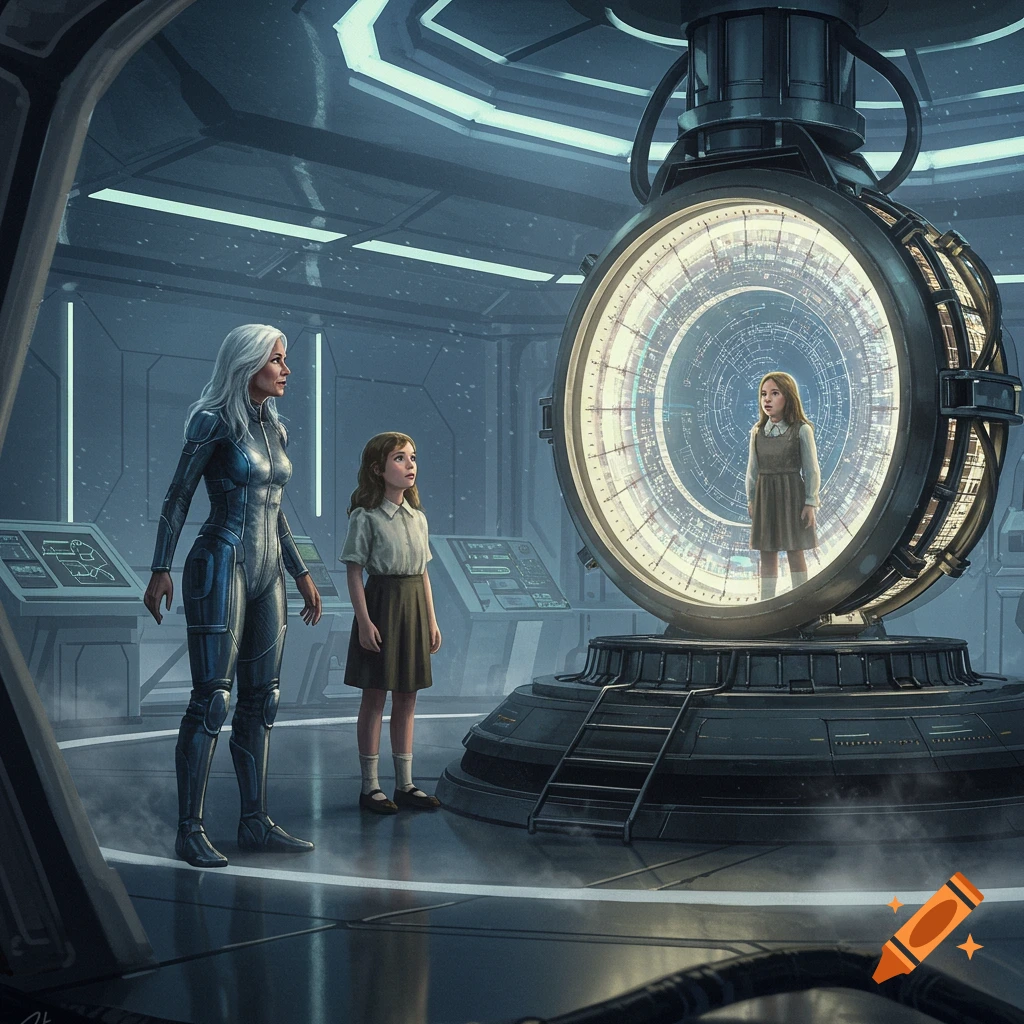 A woman and a girl look at a younger girl within a glowing time machine in a futuristic lab.