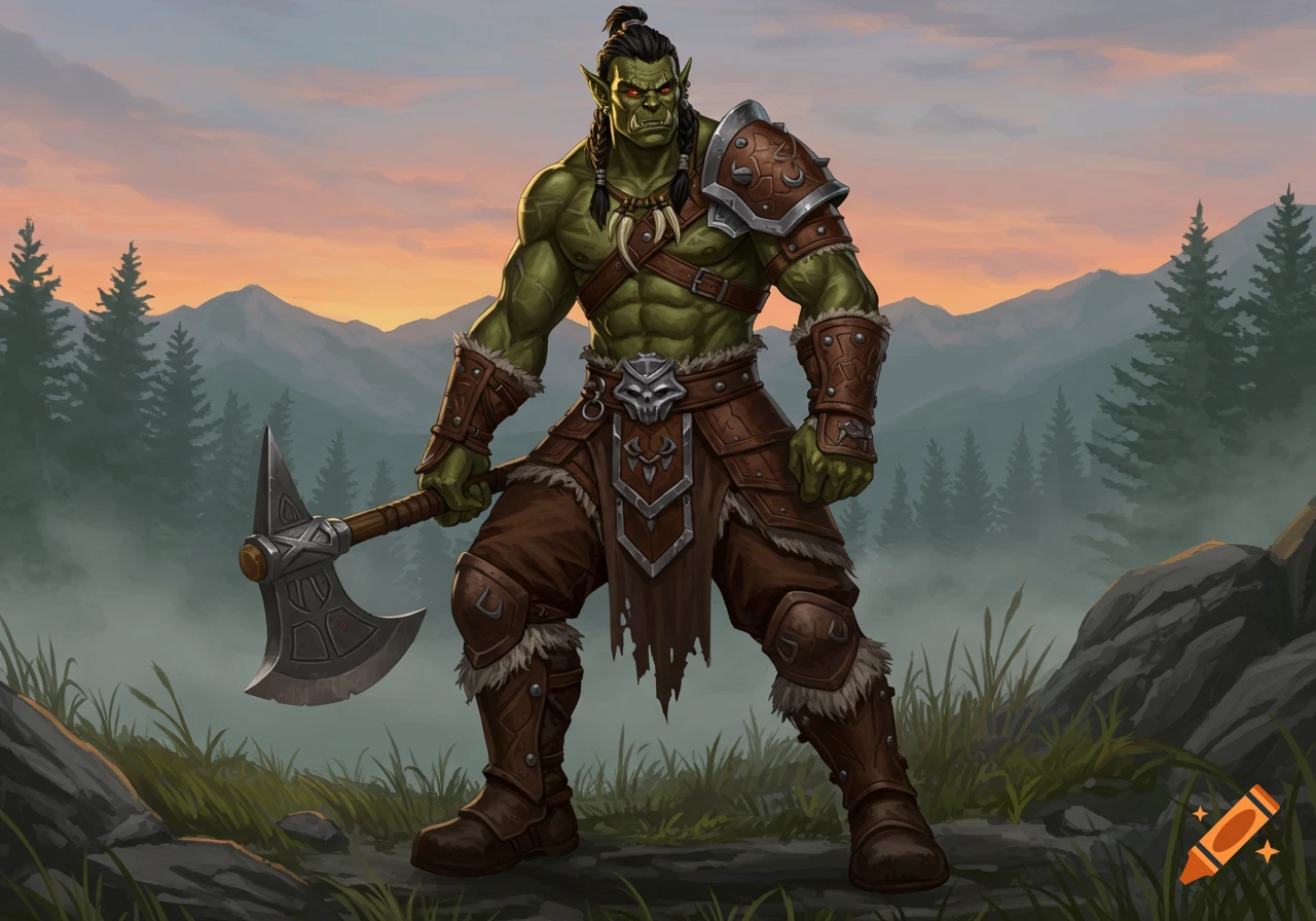 A muscular green-skinned orc barbarian in leather armor holds an axe, standing in a misty mountain landscape at sunset.