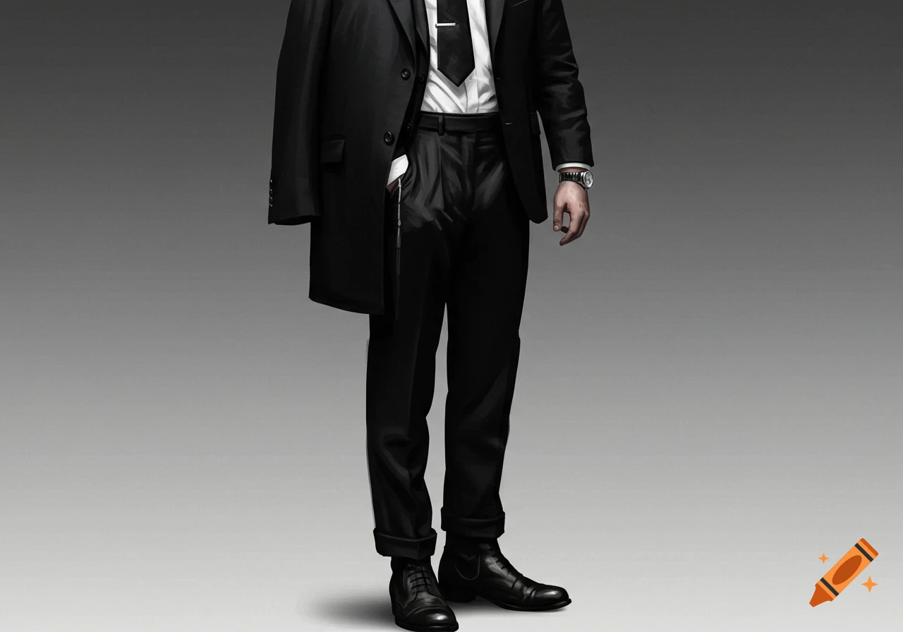 A man wearing a dark suit, white shirt, and tie, with a long coat draped over his arm, and black shoes.