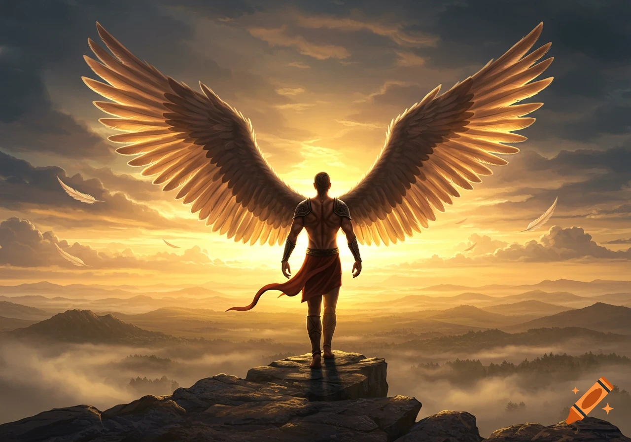 A man with large wings stands atop a mountain, overlooking a vast landscape at sunset, in a highly detailed, epic style.