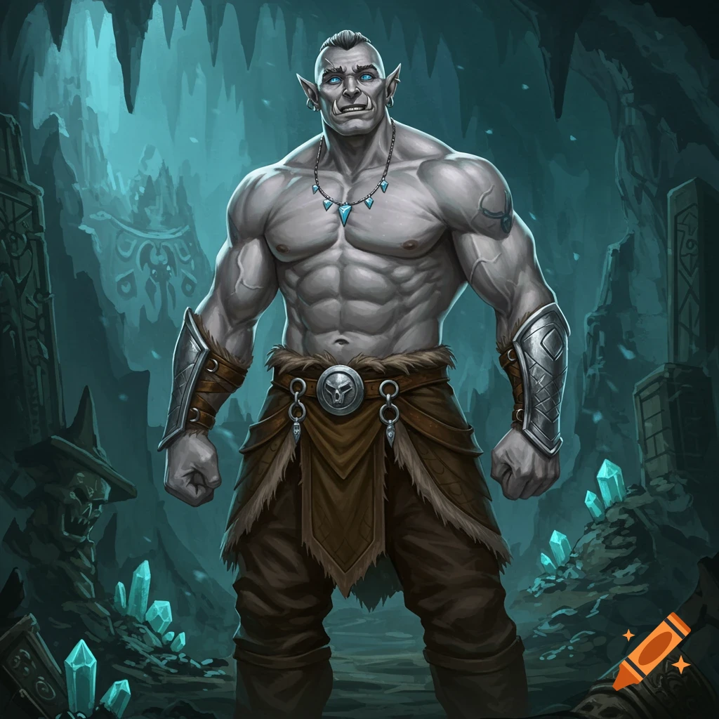 A muscular, gray-skinned half-orc barbarian with blue eyes stands in a dark cave with glowing crystals.