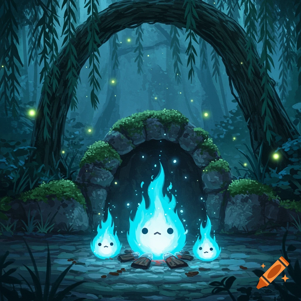 Three cute, blue, glowing flame creatures sit on logs under a mossy stone archway in a dark, magical forest with fireflies.