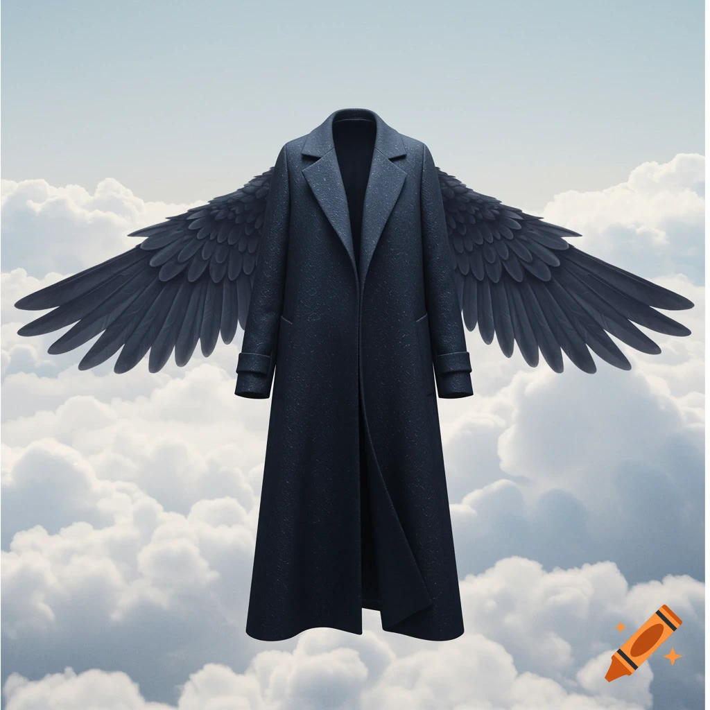 A dark blue coat with large black wings floats majestically in a cloudy sky.